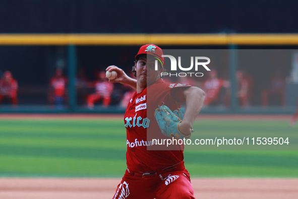 Trevor Bauer #96 of Diablos Rojos pitches the ball during match 7 of the Mexican Baseball League (LMB) South Zone 2024 championship series a...