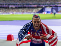 Roderick Townsend-Roberts of the United States of America reacts after he wins the gold medal during the Men's High Jump - T47 at Stade de F...