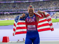 Roderick Townsend-Roberts of the United States of America reacts after he wins the gold medal during the Men's High Jump - T47 at Stade de F...