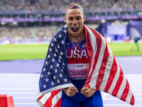 Roderick Townsend-Roberts of the United States of America reacts after he wins the gold medal during the Men's High Jump - T47 at Stade de F...