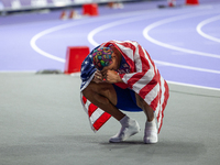 Roderick Townsend-Roberts of the United States of America reacts after he wins the gold medal during the Men's High Jump - T47 at Stade de F...