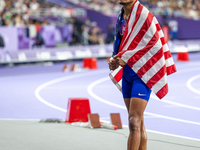 Roderick Townsend-Roberts of the United States of America reacts after he wins the gold medal during the Men's High Jump - T47 at Stade de F...