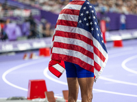 Roderick Townsend-Roberts of the United States of America reacts after he wins the gold medal during the Men's High Jump - T47 at Stade de F...