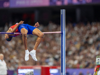 Roderick Townsend-Roberts of the United States of America competes in the Men's High Jump - T47 at Stade de France during the Paris 2024 Par...