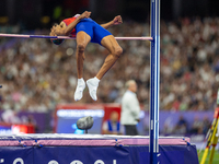 Roderick Townsend-Roberts of the United States of America competes in the Men's High Jump - T47 at Stade de France during the Paris 2024 Par...