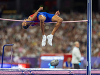 Roderick Townsend-Roberts of the United States of America competes in the Men's High Jump - T47 at Stade de France during the Paris 2024 Par...