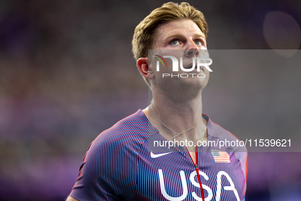 Hunter Woodall of the United States of America reacts after Men's 100m - T64 Round 1 - Heat 2 at Stade de France during the Paris 2024 Paral...