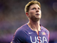 Hunter Woodall of the United States of America reacts after Men's 100m - T64 Round 1 - Heat 2 at Stade de France during the Paris 2024 Paral...