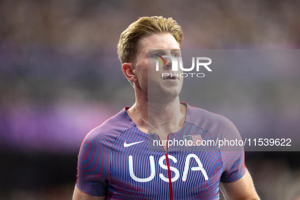 Hunter Woodall of the United States of America reacts after Men's 100m - T64 Round 1 - Heat 2 at Stade de France during the Paris 2024 Paral...