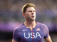 Hunter Woodall of the United States of America reacts after Men's 100m - T64 Round 1 - Heat 2 at Stade de France during the Paris 2024 Paral...