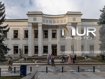 The front side of an office building in the Svyatoshyn district in Kyiv, Ukraine, is seriously damaged by a missile launched from the Russia...