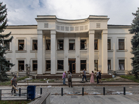 The front side of an office building in the Svyatoshyn district in Kyiv, Ukraine, is seriously damaged by a missile launched from the Russia...