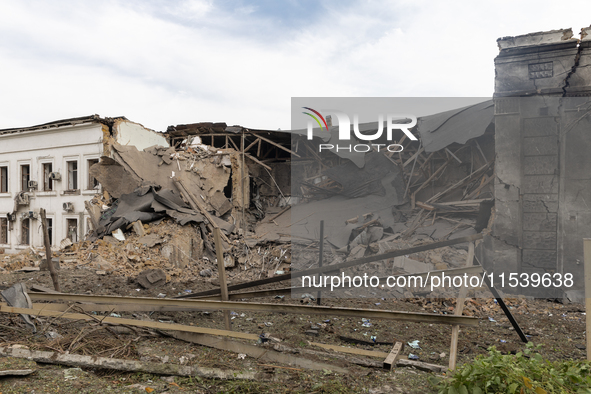 The back side of an office building in the Svyatoshyn district in Kyiv, Ukraine, is seriously damaged by a missile launched from the Russian...