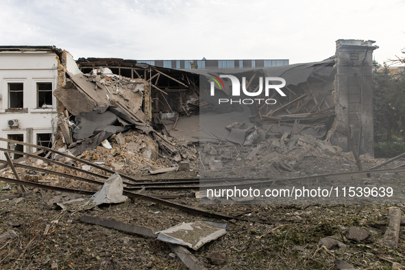 The back side of an office building in the Svyatoshyn district in Kyiv, Ukraine, is seriously damaged by a missile launched from the Russian...