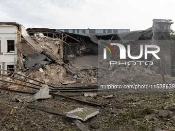 The back side of an office building in the Svyatoshyn district in Kyiv, Ukraine, is seriously damaged by a missile launched from the Russian...