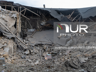 The back side of an office building in the Svyatoshyn district in Kyiv, Ukraine, is seriously damaged by a missile launched from the Russian...