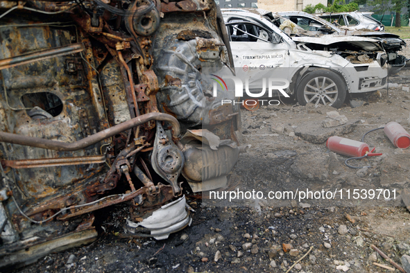 Cars are damaged by the Russian missile attack in Kyiv, Ukraine, on September 2, 2024. NO USE RUSSIA. NO USE BELARUS. 