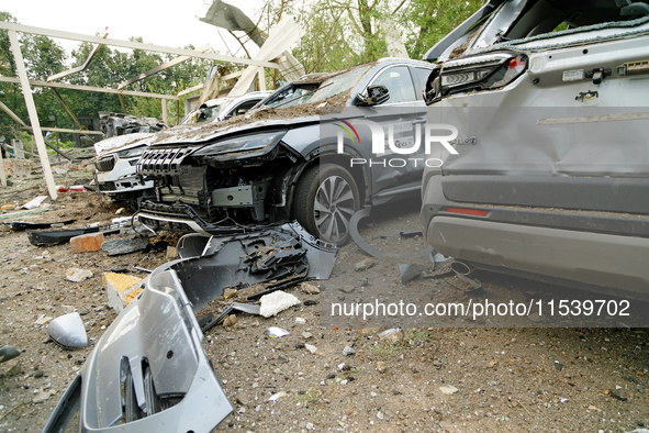 Cars are damaged by the Russian missile attack in Kyiv, Ukraine, on September 2, 2024. NO USE RUSSIA. NO USE BELARUS. 