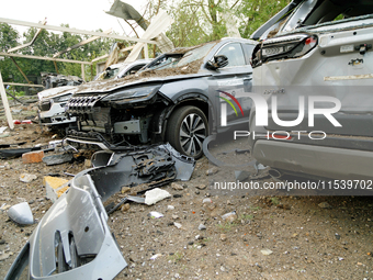 Cars are damaged by the Russian missile attack in Kyiv, Ukraine, on September 2, 2024. NO USE RUSSIA. NO USE BELARUS. (