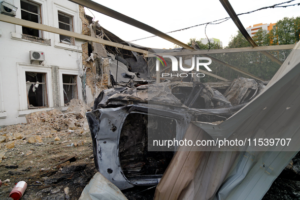 A building on Beresteiskyi Avenue is destroyed by a Russian missile attack in Kyiv, Ukraine, on September 2, 2024. NO USE RUSSIA. NO USE BEL...