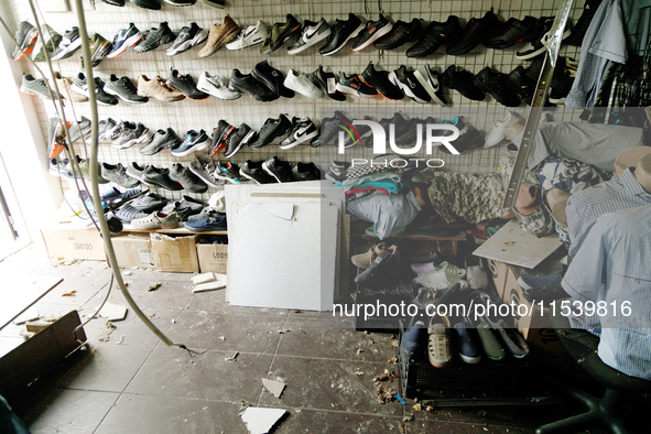 A shoe shop in the Sviatoshynskyi district is damaged by a Russian missile attack in Kyiv, Ukraine, on September 2, 2024. NO USE RUSSIA. NO...