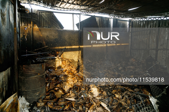 A burnt-out recycling station is in the Sviatoshynskyi district after the Russian missile attack in Kyiv, Ukraine, on September 2, 2024. NO...