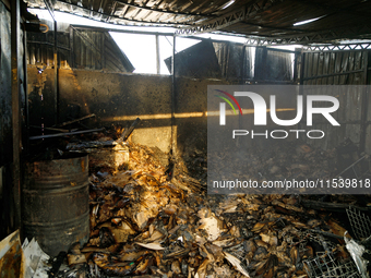 A burnt-out recycling station is in the Sviatoshynskyi district after the Russian missile attack in Kyiv, Ukraine, on September 2, 2024. NO...