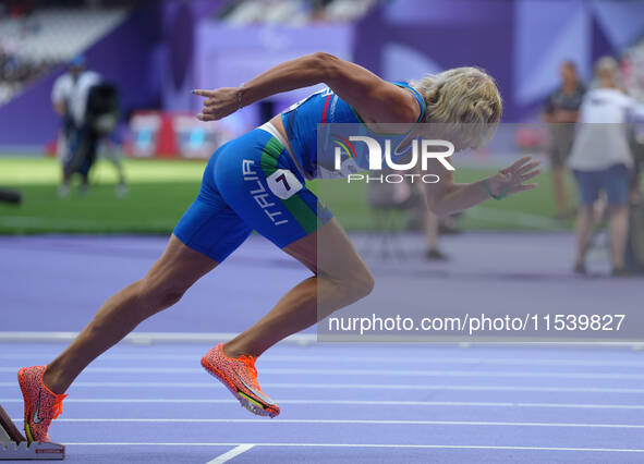 Valentina Petrillo of Italy in action in Women's 400m - T12 Round 1 during the Paris 2024 Paralympic Games at Stade de France on September 2...