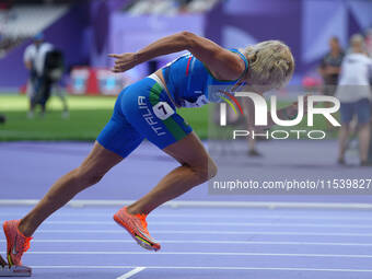 Valentina Petrillo of Italy in action in Women's 400m - T12 Round 1 during the Paris 2024 Paralympic Games at Stade de France on September 2...