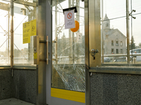 Cracked doors are at the Sviatoshyn metro station in the Sviatoshynskyi district after the Russian missile attack in Kyiv, Ukraine, on Septe...