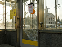 Cracked doors are at the Sviatoshyn metro station in the Sviatoshynskyi district after the Russian missile attack in Kyiv, Ukraine, on Septe...