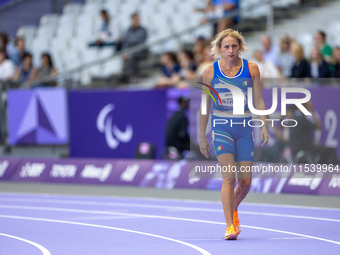 Valentina Petrillo of Team Italy warms up before competing in the Women's 400m T12 Heat 4 at Stade de France during the Paris 2024 Paralympi...