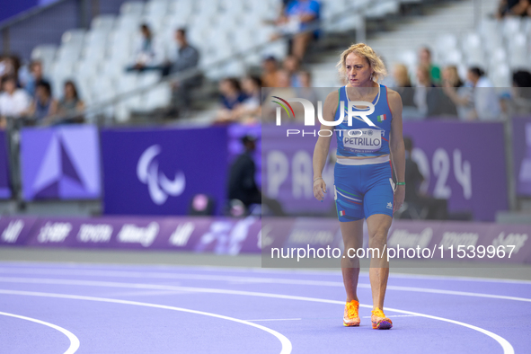 Valentina Petrillo of Team Italy warms up before competing in the Women's 400m T12 Heat 4 at Stade de France during the Paris 2024 Paralympi...