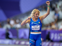 Valentina Petrillo of Team Italy reacts after qualifying for the finals in the Women's 400m T12 Heat 4 at Stade de France during the Paris 2...