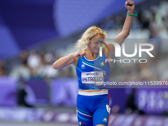 Valentina Petrillo of Team Italy reacts after qualifying for the finals in the Women's 400m T12 Heat 4 at Stade de France during the Paris 2...