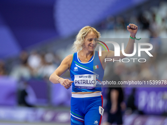 Valentina Petrillo of Team Italy reacts after qualifying for the finals in the Women's 400m T12 Heat 4 at Stade de France during the Paris 2...