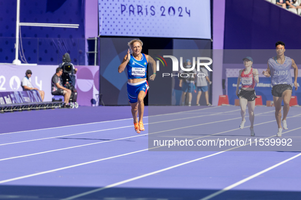 Valentina Petrillo of Team Italy competes in the Women's 400m T12 Heat 4 at Stade de France during the Paris 2024 Paralympic Games in Paris,...