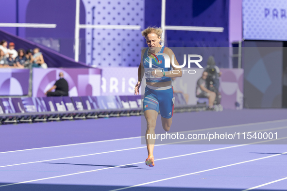 Valentina Petrillo of Team Italy competes in the Women's 400m T12 Heat 4 at Stade de France during the Paris 2024 Paralympic Games in Paris,...