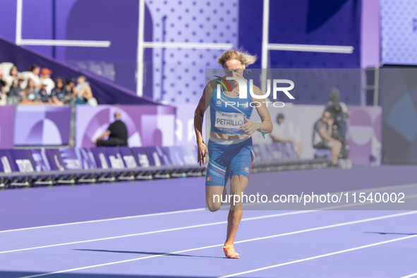 Valentina Petrillo of Team Italy competes in the Women's 400m T12 Heat 4 at Stade de France during the Paris 2024 Paralympic Games in Paris,...