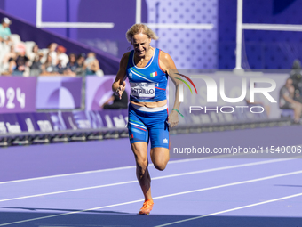 Valentina Petrillo of Team Italy competes in the Women's 400m T12 Heat 4 at Stade de France during the Paris 2024 Paralympic Games in Paris,...