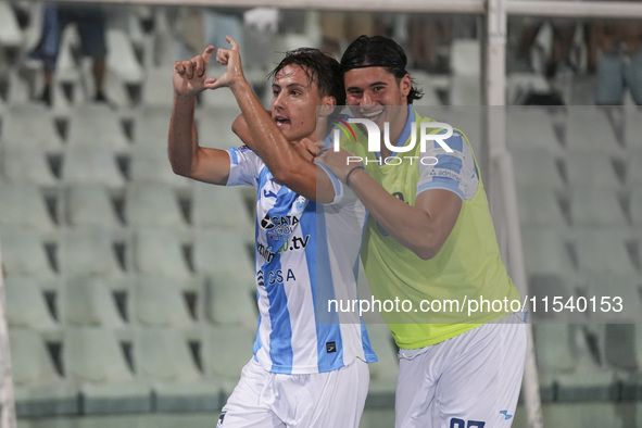 Andrea Ferraris of Delfino Pescara 1936 and Brando Moruzzi celebrate the first goal of Delfino Pescara 1936 during the Serie C NOW match bet...