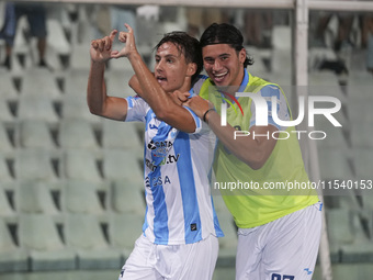 Andrea Ferraris of Delfino Pescara 1936 and Brando Moruzzi celebrate the first goal of Delfino Pescara 1936 during the Serie C NOW match bet...