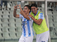 Andrea Ferraris of Delfino Pescara 1936 and Brando Moruzzi celebrate the first goal of Delfino Pescara 1936 during the Serie C NOW match bet...