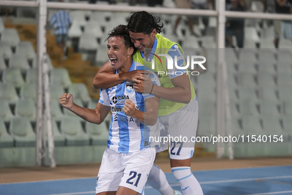 Andrea Ferraris of Delfino Pescara 1936 and Brando Moruzzi celebrate the first goal of Delfino Pescara 1936 during the Serie C NOW match bet...