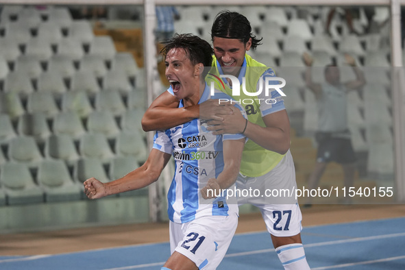 Andrea Ferraris of Delfino Pescara 1936 and Brando Moruzzi celebrate the first goal of Delfino Pescara 1936 during the Serie C NOW match bet...