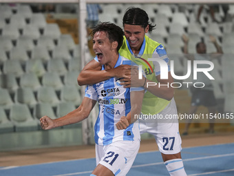 Andrea Ferraris of Delfino Pescara 1936 and Brando Moruzzi celebrate the first goal of Delfino Pescara 1936 during the Serie C NOW match bet...