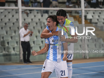 Andrea Ferraris of Delfino Pescara 1936 and Brando Moruzzi celebrate the first goal of Delfino Pescara 1936 during the Serie C NOW match bet...