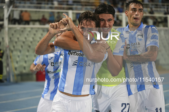 Andrea Ferraris of Delfino Pescara 1936 and Brando Moruzzi celebrate the first goal of Delfino Pescara 1936 during the Serie C NOW match bet...