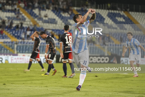 Gianmarco Cangiano of Delfino Pescara 1936 celebrates the second goal during the Serie C NOW match between Delfino Pescara 1936 and Torres a...