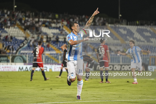 Gianmarco Cangiano of Delfino Pescara 1936 celebrates the second goal during the Serie C NOW match between Delfino Pescara 1936 and Torres a...